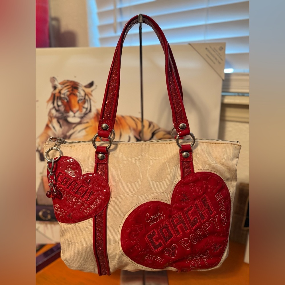 Coach Cream Tote with Red Heart Accents and Straps